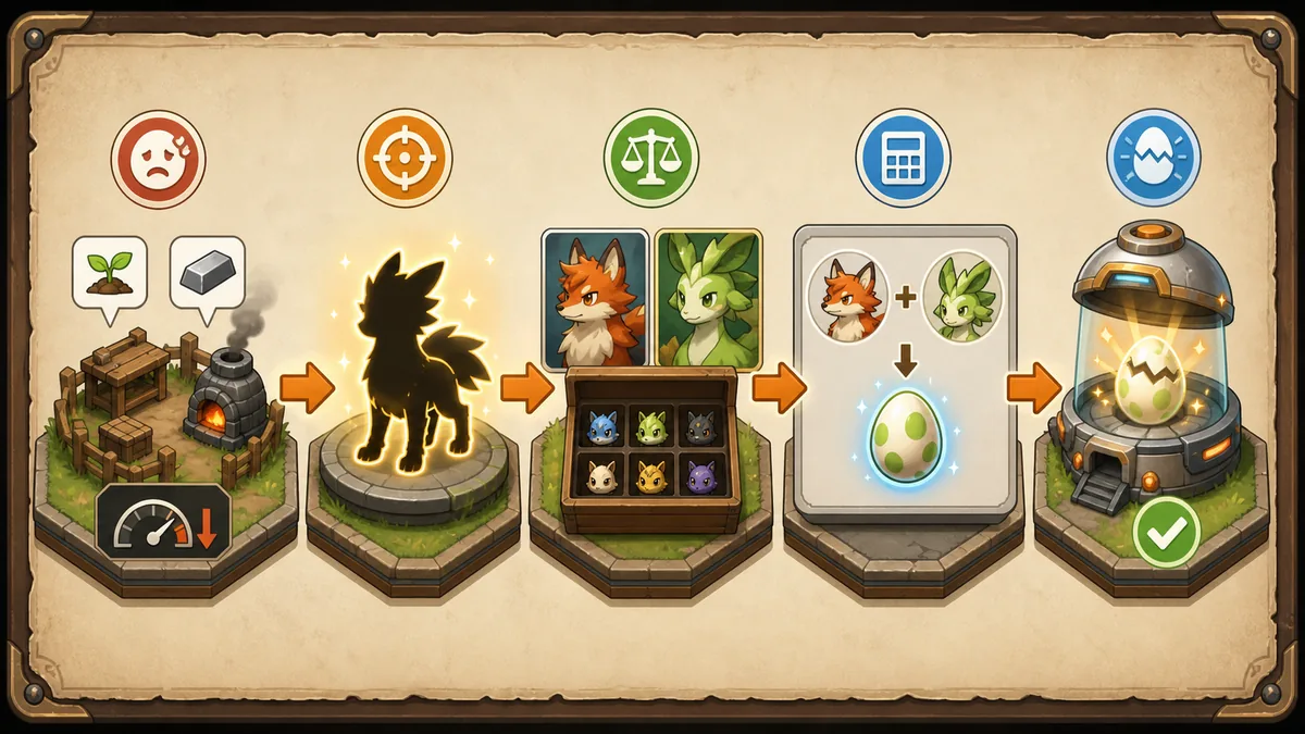 Five-step Palworld breeding workflow: identify a bottleneck, choose a target Pal, check owned parents, verify the combination, and hatch one test egg